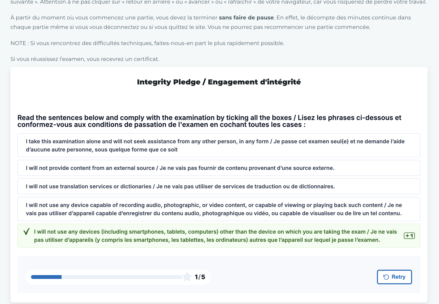 Integrity Pledge feedback showing one of five acknowledgments selected, a score of 1 out of 5, and a Retry button